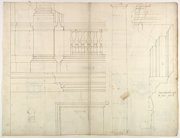 St. Peter's, exterior, tabernacle, elevation and section at base with details of pedestal and railing, (recto)
St. Peter's, exterior, tabernacle, elevation and section at arched opening (verso) by Anonymous, French, 16th century