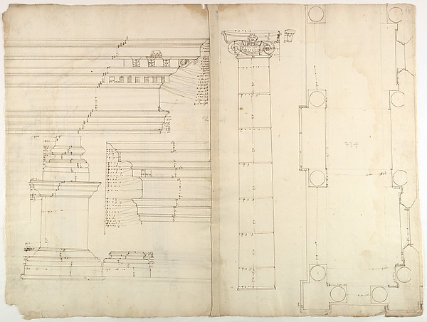 Palazzo dei Conservatori, portico, plan; façade cornice, elevation; minor order, cornice; column, elevation; pedestal, elevation (recto) Palazzo dei Conservatori, portal, elevation; section (verso)