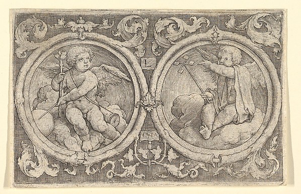Two Putti Seated in Clouds in Circles with Tendrils