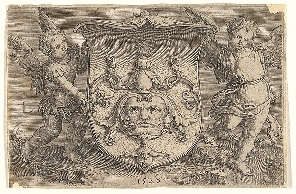 Coat of Arms with a Mask, Held by Two Genii