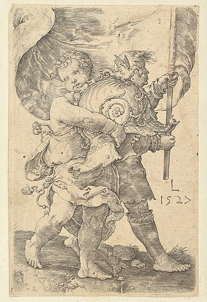Two Boys with a Helmet and Standard