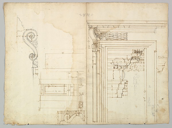 Palazzo Massimo alle Colonne, portico, elevation; portal, cornice, section; portal bracket, detail; fireplace, detail (recto) blank (verso)