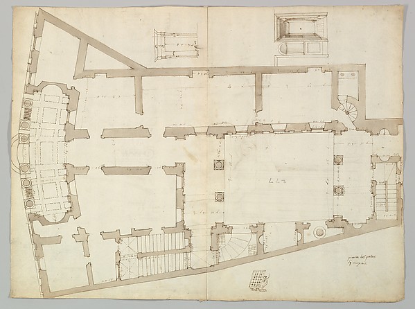 Palazzo Massimo alle Colonne , plan (recto) Palazzo Massimo alle Colonne, façade, details and fireplace (verso)