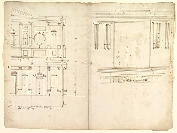 San Lorenzo, model, right half façade (left hand of folio); San Lorenzo, Library, Ricetto, consoles, elevation (right hand) (recto) blank (verso)
