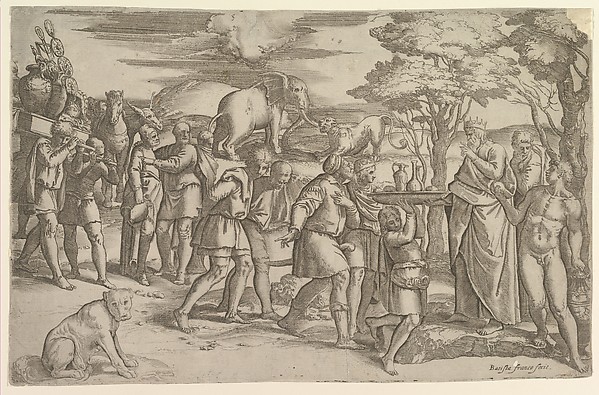 Melchizadek offering bread and wine to Abraham by Battista Franco