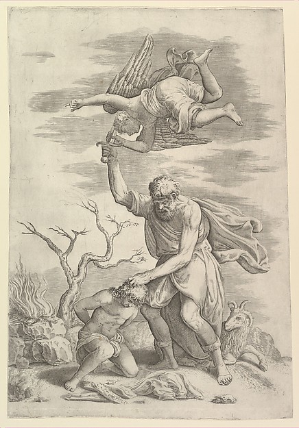 The sacrifice of Abraham who needs before Isaac who raises his sword to strike him by Battista Franco
