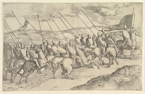 A company of horsemen riding to the right