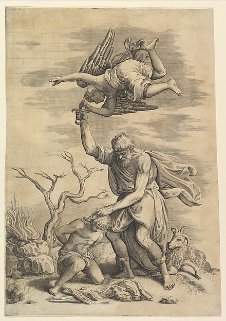 The sacrifice of Abraham who needs before Isaac who raises his sword to strike him by Battista Franco