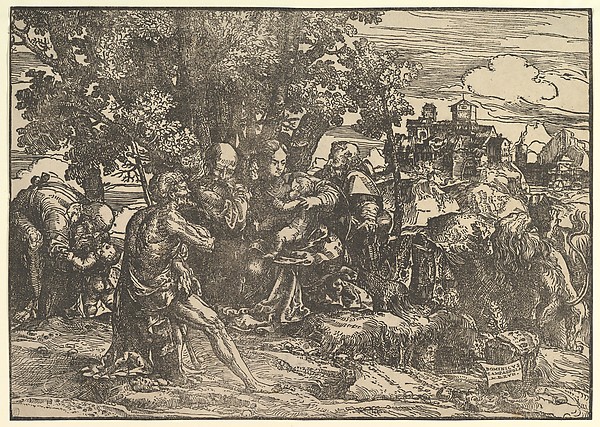 Mary seated beneath trees with baby, flanked by Joseph at left and St. Jerome at right; St. John the Baptist seated in the foreground holding a cross; a man stooping to pick up a child at left; a lion seen from behind at right; a town in the background by Domenico Campagnola