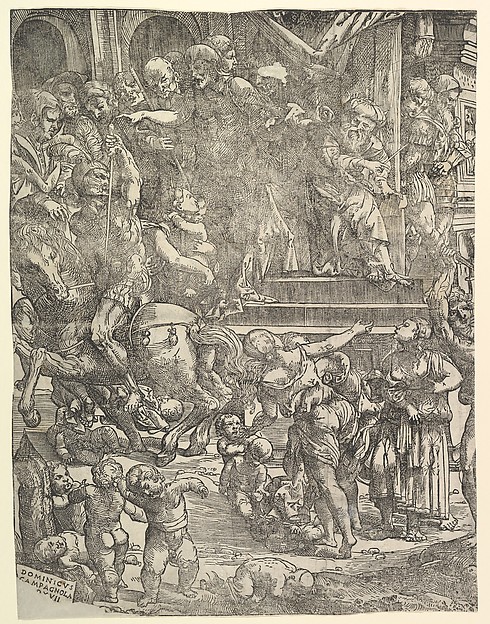 The Massacre of the Innocents (Left side), with man on horseback at center left, women and children below, group of figures standing on steps above, Herod seated on throne at upper right by Domenico Campagnola