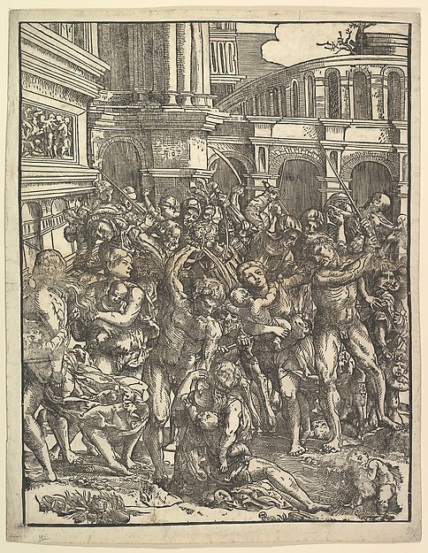 The Massacre of the Innocents (Right side) with group of male figures attacking women and children; classical buildings in the background