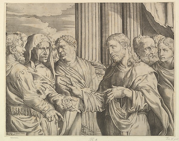 The Triubute Money: Christ at center right gesturing to man at his left with coins in his hand, other figures surrounding them; columns and drapery in the background by Domenico Campagnola