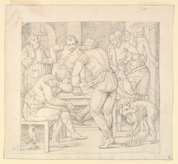 Five Men at a table in German Renaissance costume, playing cards in an inn