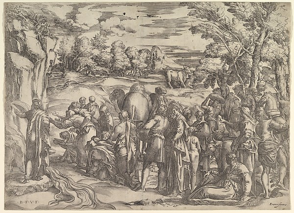 Moses Drawing Water from the Rock, at left with water flowing, various figures and animals waiting at right by Battista Franco