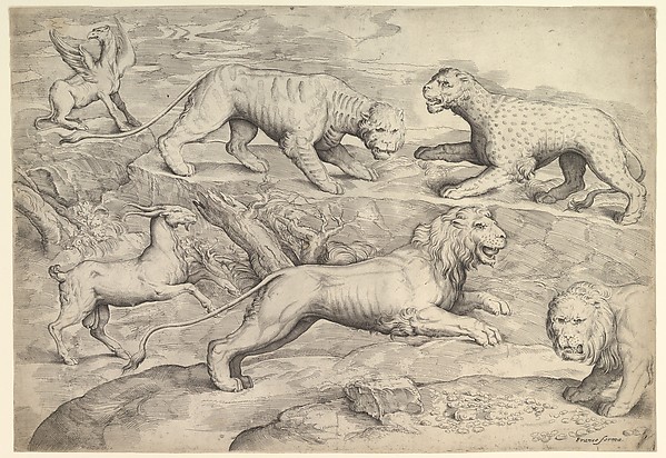Six Animals, including lions, a tiger, a leopard, a griffin, and a goat