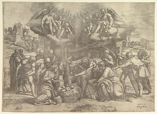 The Adoration of the Shepherds with angels overhead by Battista Franco