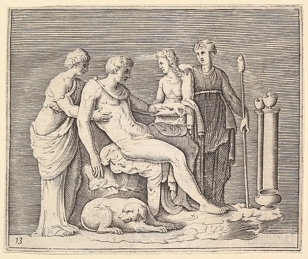 Man Attended by Three Women, from "Ex Antiquis Cameorum et Gemmae Delineata/ Liber Secundus/et ab Enea Vico Parmen Incis"