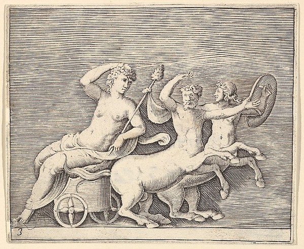 Reclining Female Figure on a Chariot drawn by Two Centaurs, from "Ex Antiquis Cameorum et Gemmae Delineata/ Liber Secundus/et ab Enea Vico Parmen Incis"
