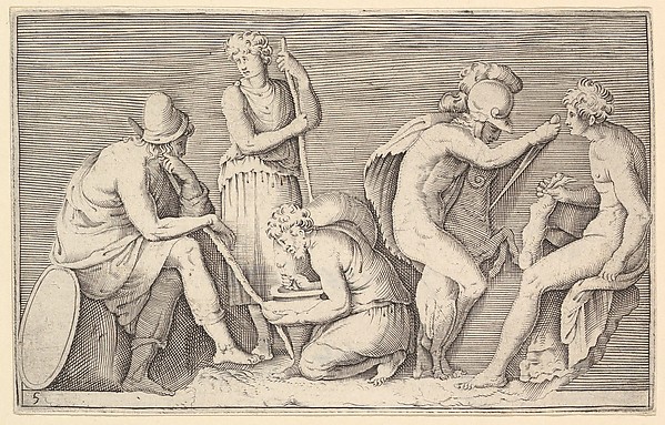 Scene of Sacrifice with Warrior Killing Ram and Four Other Figures, from "Ex Antiquis Cameorum et Gemmae Delineata/ Liber Secundus/et ab Enea Vico Parmen Incis"