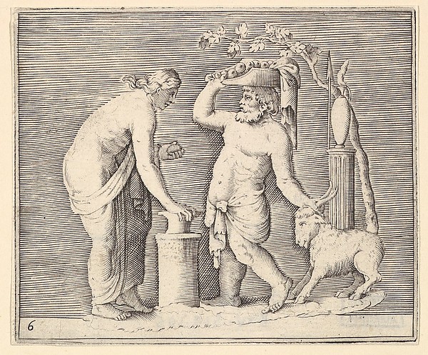 Man and Woman Sacrificing a Goat, from "Ex Antiquis Cameorum et Gemmae Delineata/ Liber Secundus/et ab Enea Vico Parmen Incis"