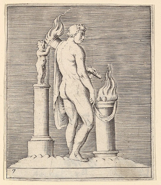Man with Torch between Flaming Altar and Statuette, from "Ex Antiquis Cameorum et Gemmae Delineata/ Liber Secundus/et ab Enea Vico Parmen Incis"