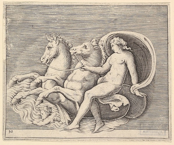 Female Nude with Two Seahorses, from "Ex Antiquis Cameorum et Gemmae Delineata/ Liber Secundus/et ab Enea Vico Parmen Incis"