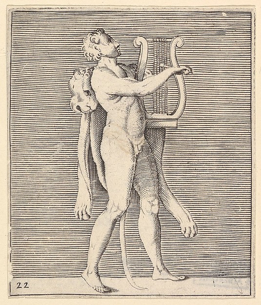 Hercules playing a lyre, a lionskin draped over his shoulder, from "Ex Antiquis Cameorum et Gemmae Delineata/ Liber Secundus/et ab Enea Vico Parmen Incis"