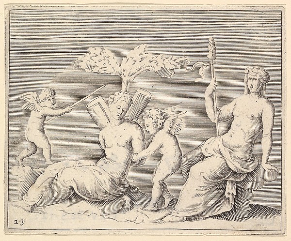 Two Women and Two Cupids, from "Ex Antiquis Cameorum et Gemmae Delineata/ Liber Secundus/et ab Enea Vico Parmen Incis"