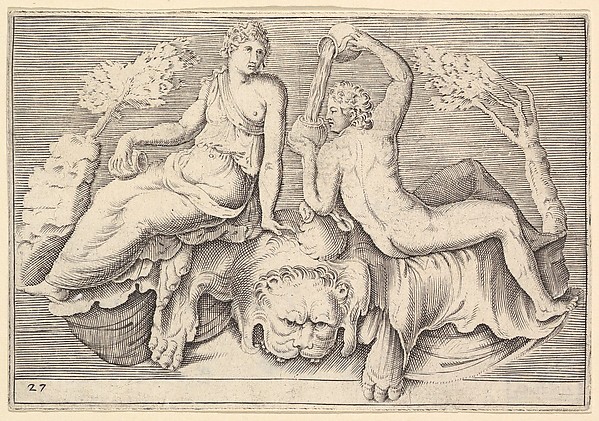 Woman and Man Seated on Lionskin, Man Pouring Wine, from "Ex Antiquis Cameorum et Gemmae Delineata/ Liber Secundus/et ab Enea Vico Parmen Incis"