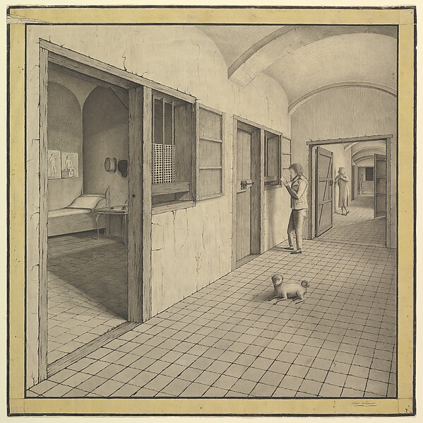 Interior of a Boarding School (?): Hallway with two Young Men and a Dog, with View into Bedroom by Victor, The Metropolitan Museum of Art