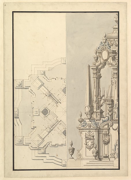 Half Ground Plan and Half Elevation of a Catafalque for Cosimo III dei Medici, Grand Duke of Tuscany (1642-1723)