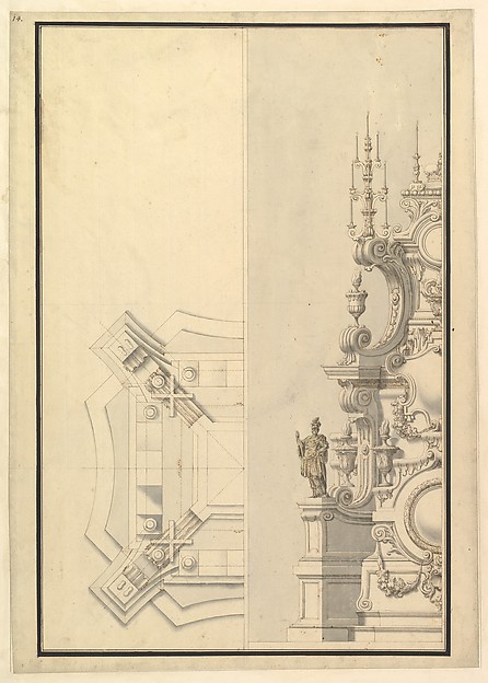 Half Ground Plan and Half Elevation of a Catafalque, surmounted by a royal Crown