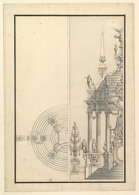 Half Elevation and Half Ground Plan for a Catafalque: Columns Supporting a Stepped Dome with 2 Obelisks Surmounted by Figure of Fame