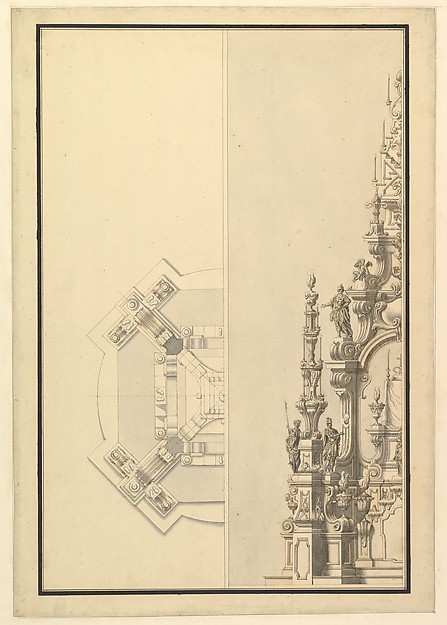 Half Plan and Half Elevation for a Catafalque with Royal Crown Surmounting the Casket