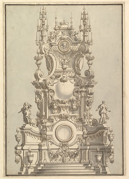 Elevation of a Catafalque, Surmounted by a Royal Crown, with Scull and Cross Bones in Wreath-Encircled Cartouche just below