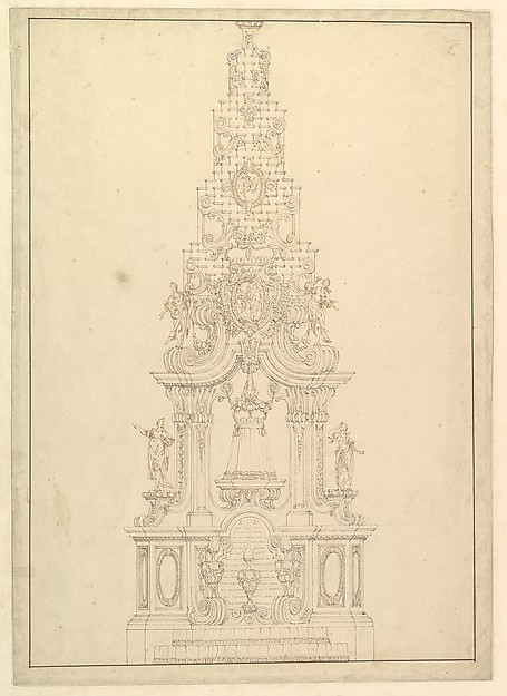 Elevation of a Catafalque: the Central Part Comprised of a Series of Steps to Top; with Statues and Central Cartouche with a Figural Scene: a Figure Kneeling before Virgin and Child (?) by Giuseppe Galli Bibiena