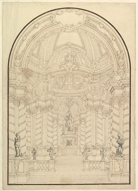 A Chapel with Figures of Statues en Grisaille of Faith, Hope and Charity and 4 Putti with Symbols of the Passion.