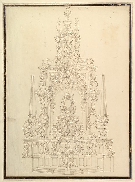 Elevation of a Catafalque: Obelisks at the Corners and One in Center