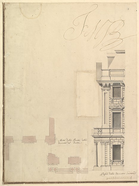 Views of a Theater (Bayreuth): Profile View of Facade and Half of the Plan