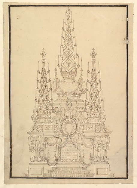 Elevation of a Catafalque, Three Obelisks with Fluer-de-lys and Candles, Dated on Plaque at Bottom 1733.