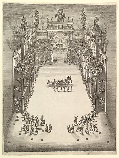 Theater at Modena, seen from above and filled with spectators, with a triumphal car at center and horses in formation at lower left and right, from 'La Gara delle Stagioni'