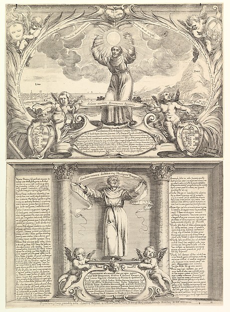 Decoration for a Thesis in Honor of Saint Francis Solano in two parts: the top part with Saint Francis Solano with his arms raised and a sun in his hands with Mount Potosí at right, the lower part with the doctor of the church holding a banner and two putti below