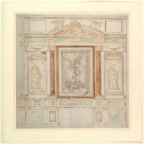 Architectural Design for a Monumental Altar, with a Composition with Saint Michael Against Satan and two Saints (Saints Peter and Paul?) by Anonymous