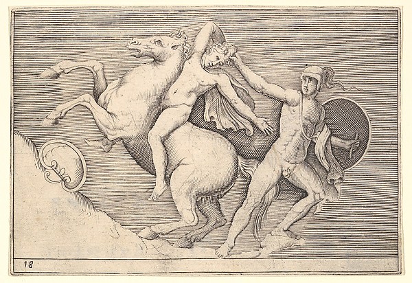 Warrior Pulling a Rider from His Horse, from "Ex Antiquis Cameorum et Gemmae Delineata/ Liber Secundus/et ab Enea Vico Parmen Incis"