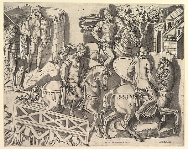 Speculum Romanae Magnificentiae: Roman Horsemen Crossing a Bridge (from Trajan's Column)