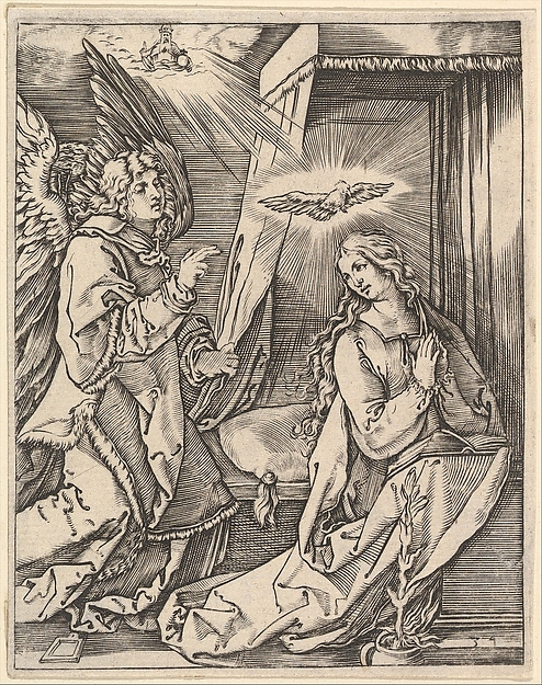 The Annunciation; on the left the archangel Gabriel approaches the praying Virgin Mary in her bedchamber, over her head a dove representing the Holy Ghost, in the sky above a figure of God the Father, after Dürer