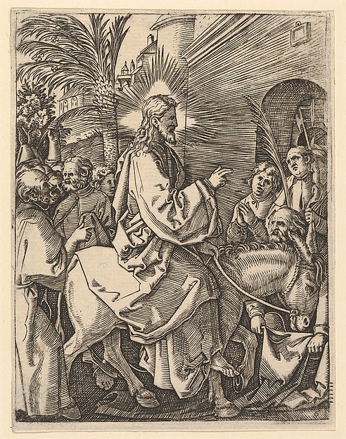 The Entry into Jerusalem;  Christ riding on a donkey towards an arched city gate; an elderly man spreads out his cloak on the road, after Dürer