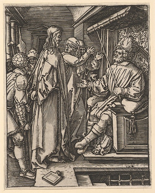 Christ standing, hands tied behind back, before Herod seated on throne, after Dürer