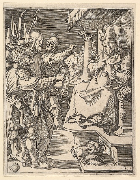 Christ before Caiaphas: soldiers present Christ to seated hight priest who tears his garments, after Dürer