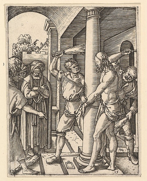 The Flagellation: Pilate stand under archway on left watching two men flagellate figure of Christ tied to column